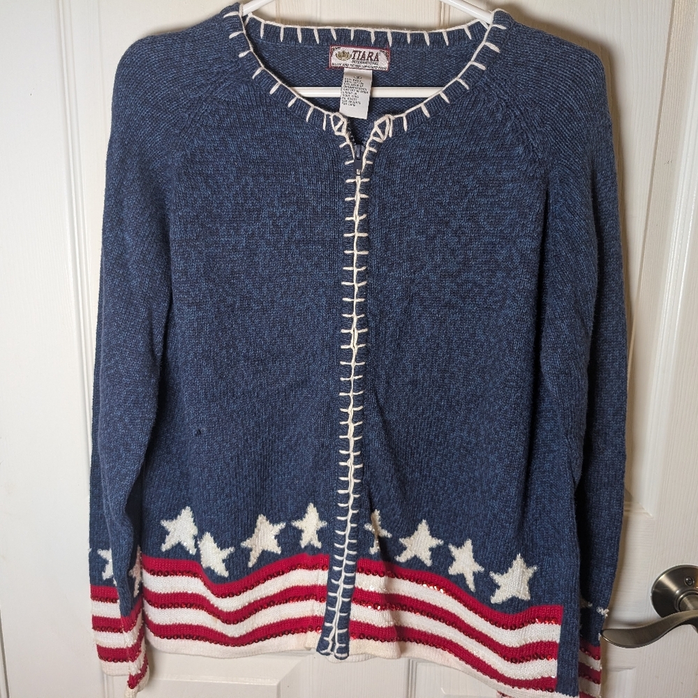 Vintage Tiara International Cardigan Zip Sweater Small Ramie Patriotic Stars USA